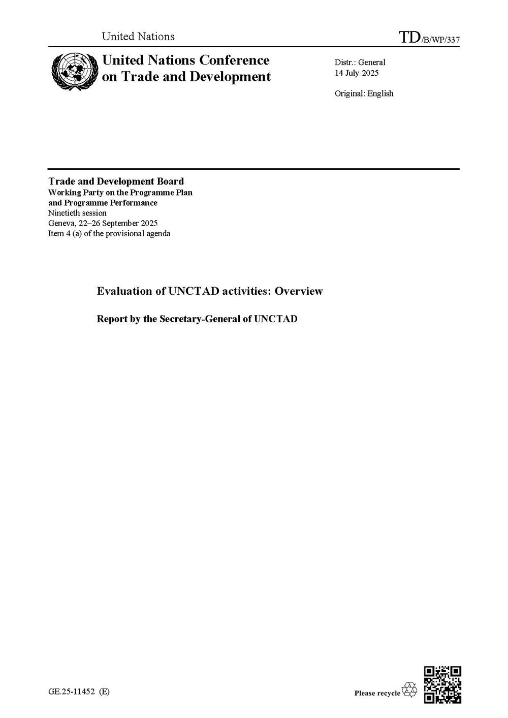 Cover of Evaluation of UNCTAD activities: Overview (July 2024 to June 2025)